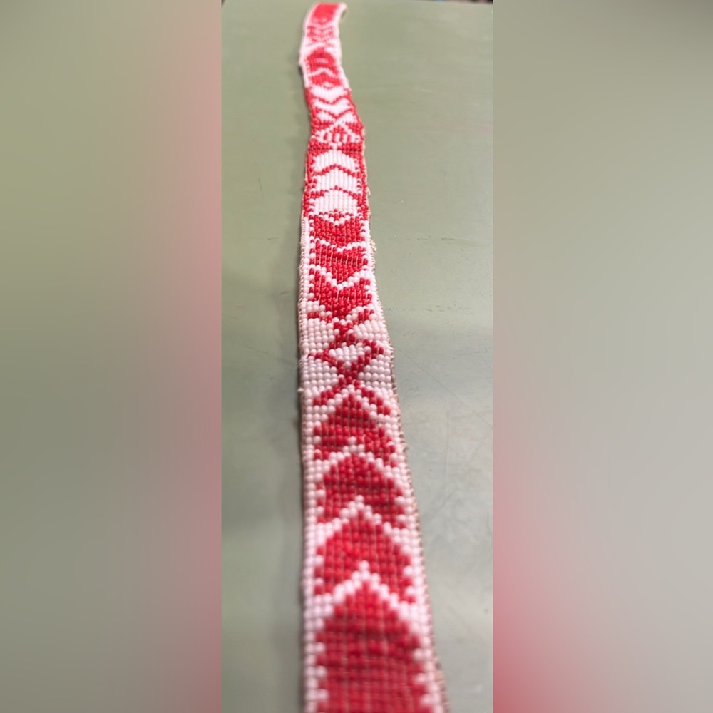 Native American beaded loom in leather ready to be set into belt, hat/headband